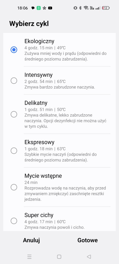 Wybór cyklu zmywania