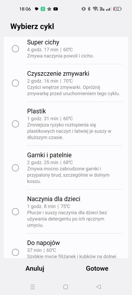 Wybór cyklu zmywania